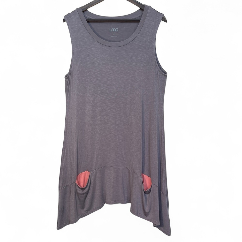 LOGO Lori Goldstein Sharkbite Tunic Tank Top Grey Purple Contrast Pockets Size L