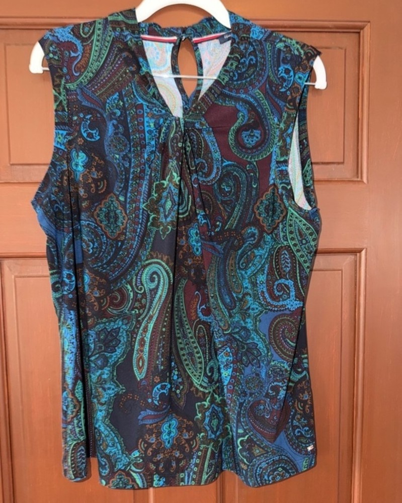 Tommy Hilfiger Teal & Black Paisley Tie-Neck Sleeveless Top