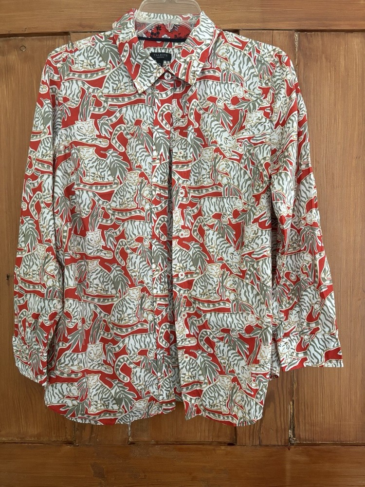 Talbots Plus Petites Orange Green White Tan Tiger Animal Cotton Blouse 1Xp