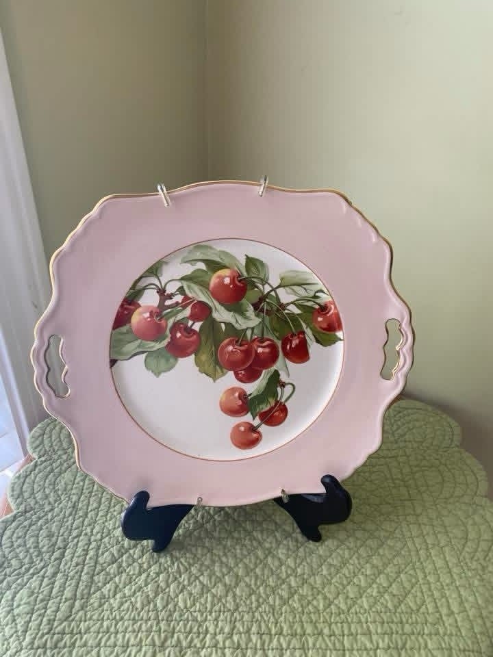 Antique Limoges porcelain hand-painted cherry serving plate with gold trim.