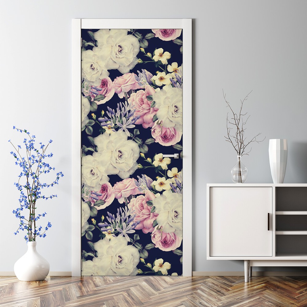 Dark Floral Door Decal  White & Pink Roses  Vintage Flowers Self Adhesive mural