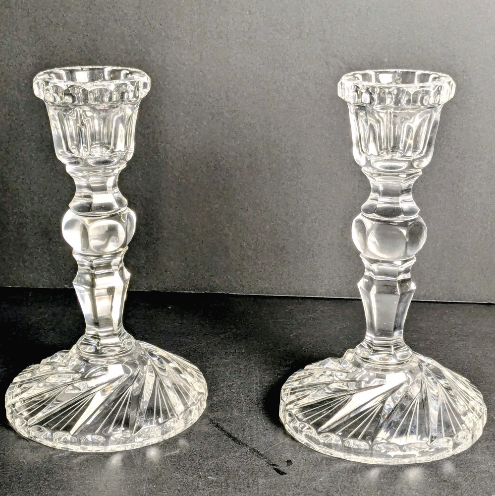 Vintage Crystal Candlesticks Pair Heavy Cut Glass Faceted Clear Candle Holders
