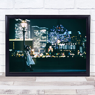 City Lights Lady Street Lamp Light Lantern Girl Model Wall Art Print