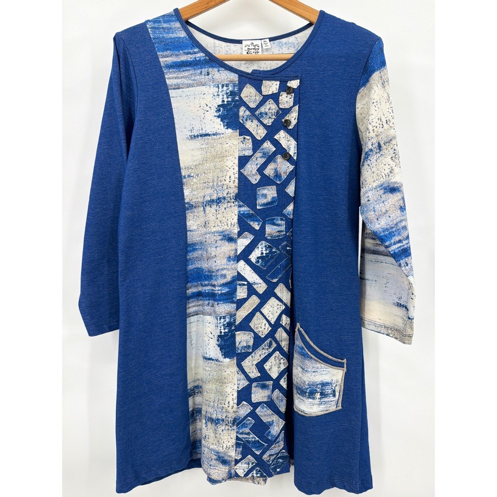 Parsley & Sage Blue Abstract Mixed Print Tunic Top XL Lagenlook Artsy