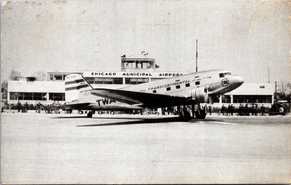 1930s Chicago Municipal Airport TWA Airplane Airmail Postcard Evanston