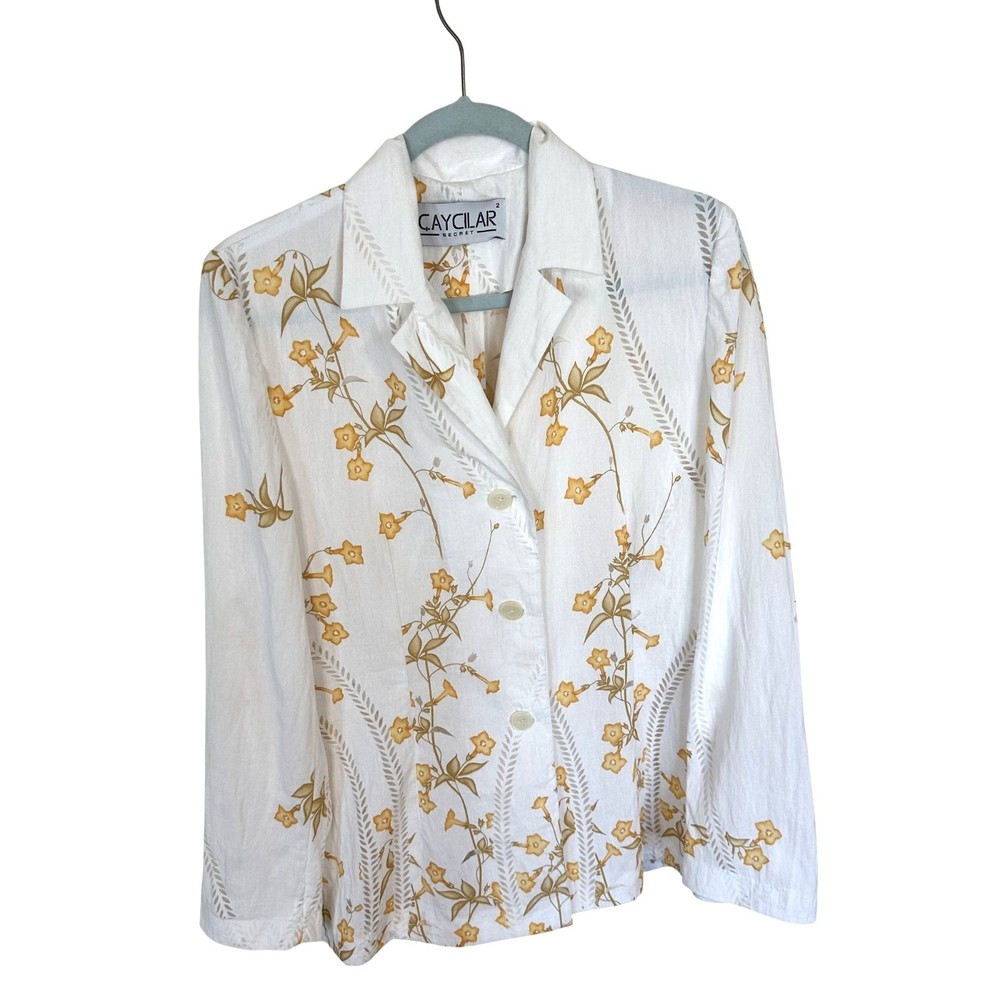 Women's Floral Sheer White Cotton Button-Up Top Medium Caycilar Secret