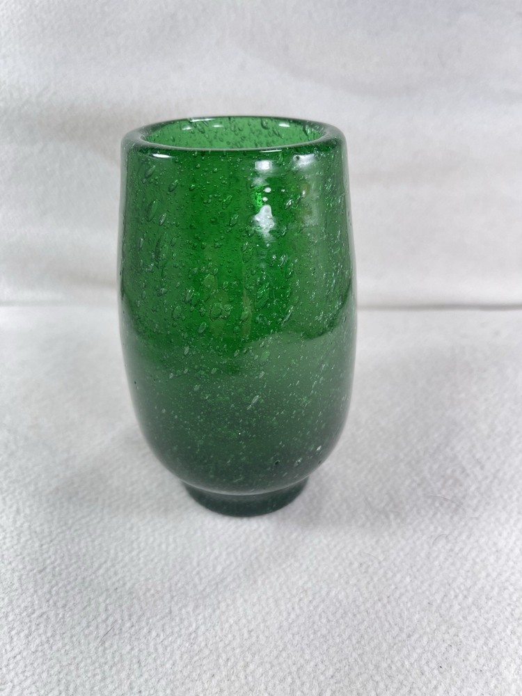 Vtg Murano Pulegoso Art Glass Vase Emerald Green Bubble MCM Handblown 5”