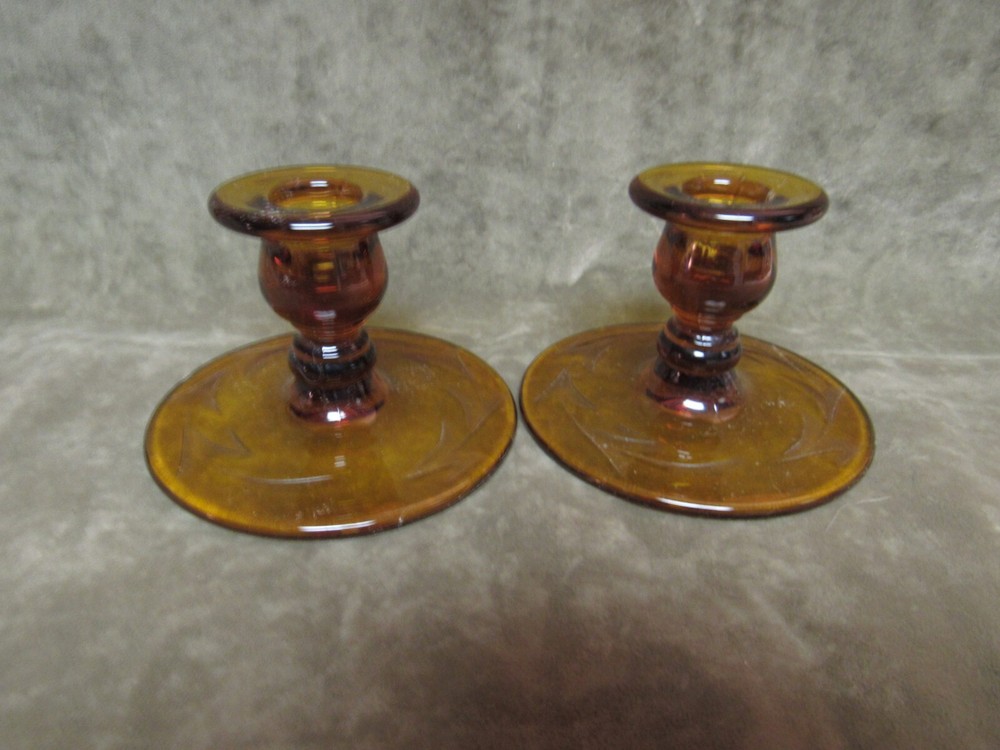 Vintage 1930's Dark Amber Cut Leaves Design Single Candletick Pair Candle Holder