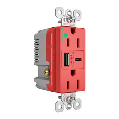 Pass & seymour 15A Hospital Grade USB A/C Charger Receptacle RED ULTRA FAST 6.0a-image