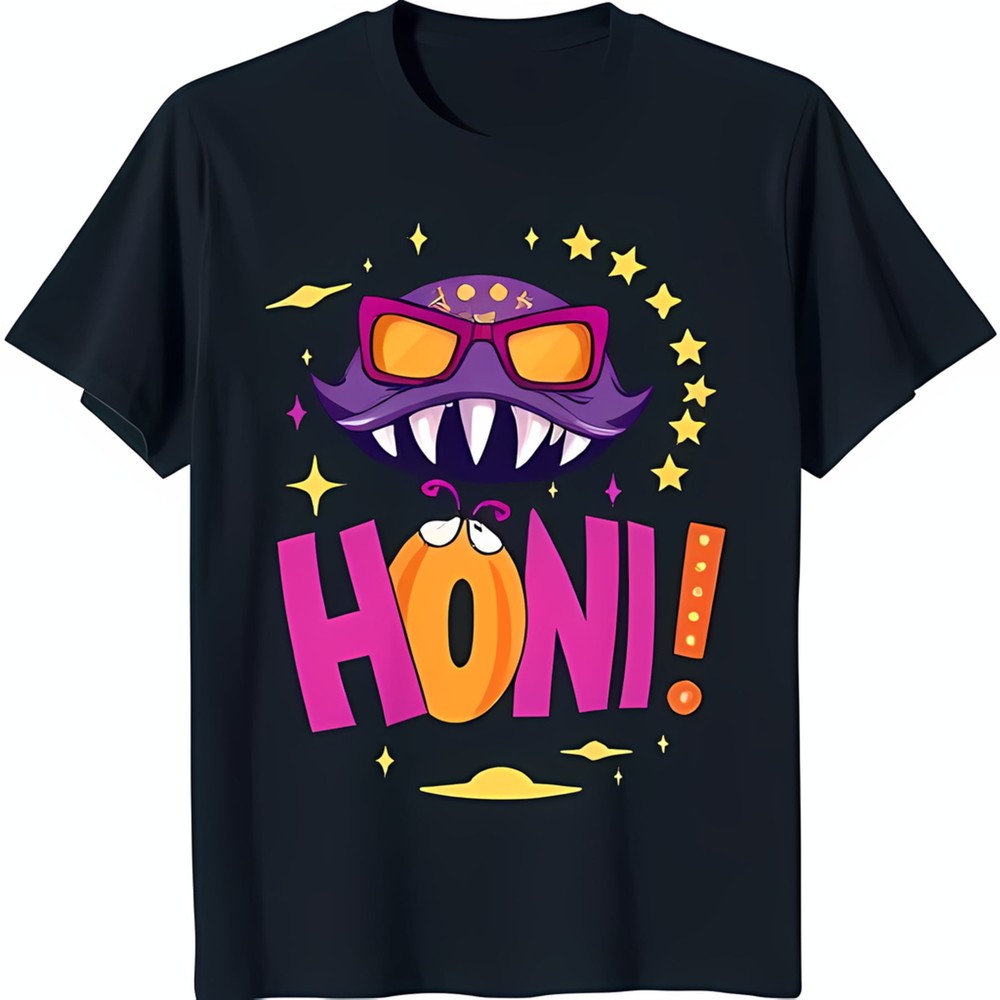 Cool Black Tee with Cartoon Sunglasses & Honi Graphic