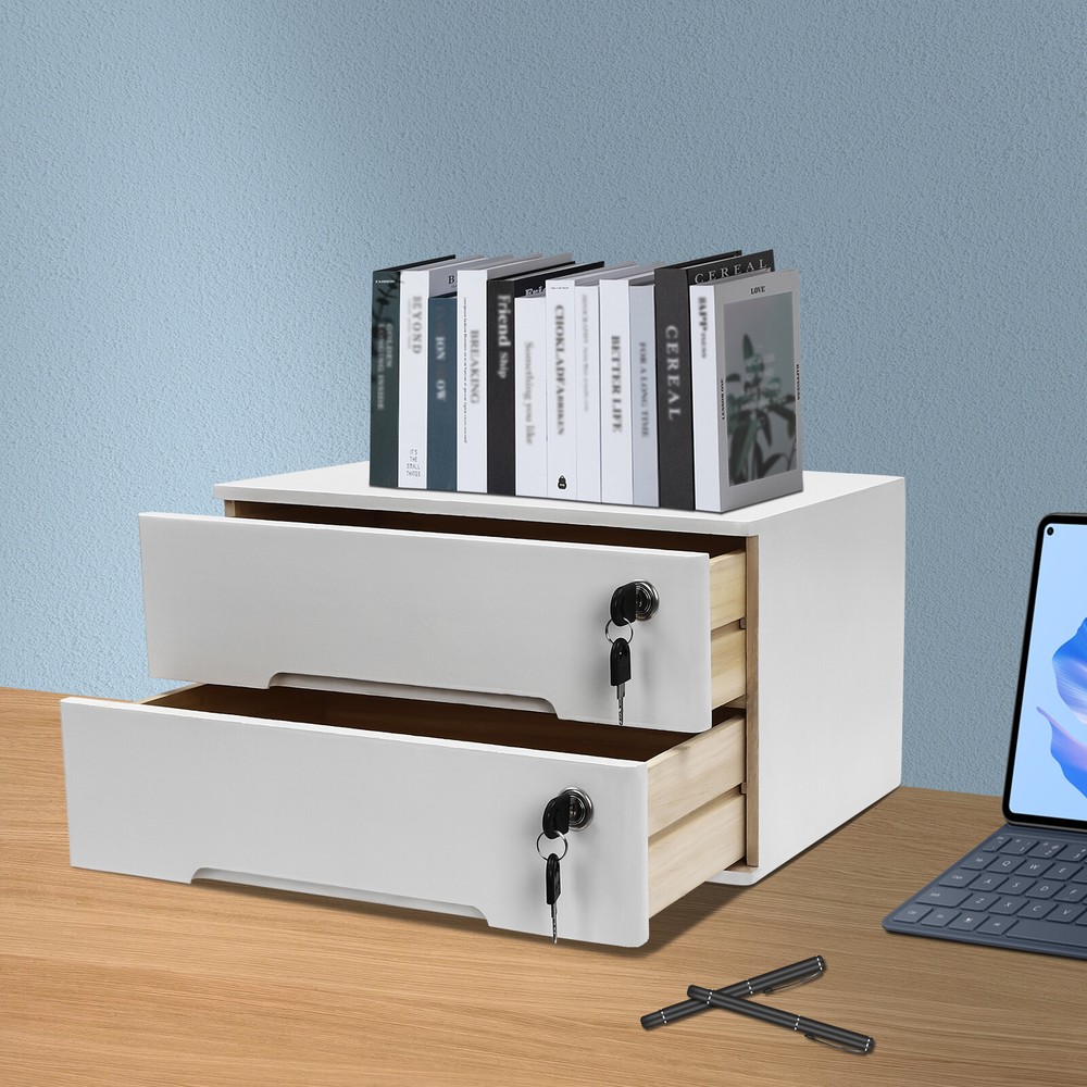 2-Drawer Desk Organizer Wood Desktop Storage Cabinet Table Lockable Home 4* Keys