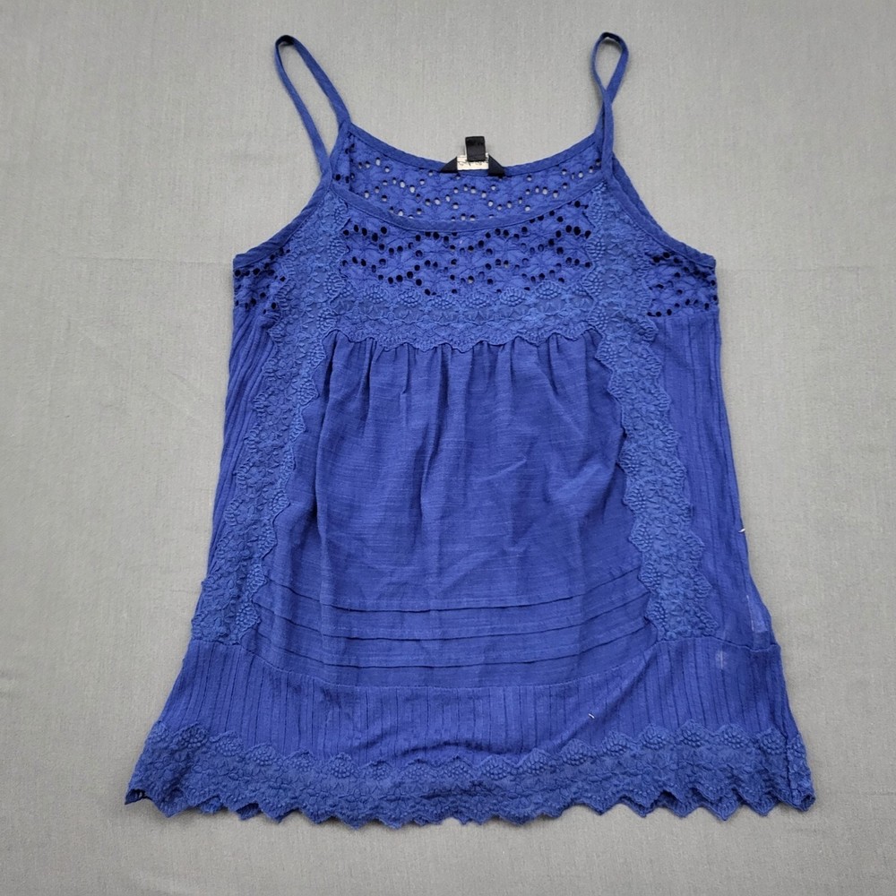 Lucky Brand Blue Eyelet Lace Tiered Tank Top Women's XS Made in India Bohemian