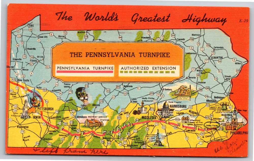 Pennsylvania Turnpike~Highway Map of State~Vintage Linen Postcard