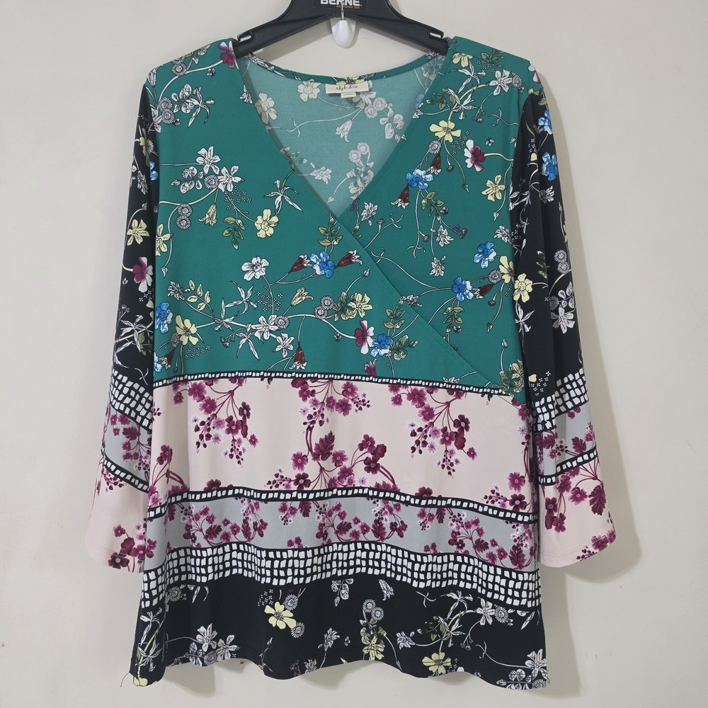 Style & Co Women's XL 3/4 Bell Sleeve Wrap Blouse Floral Surplice Stretch
