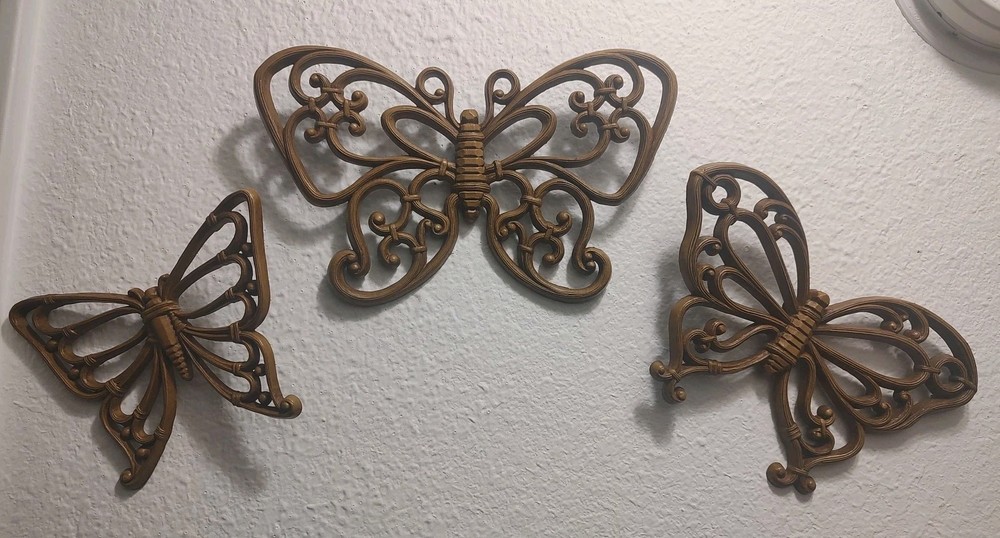 Vintage HOMCO 7537 Syroco Butterfly Faux Wood Wicker Wall Decor Set of 3 MCM