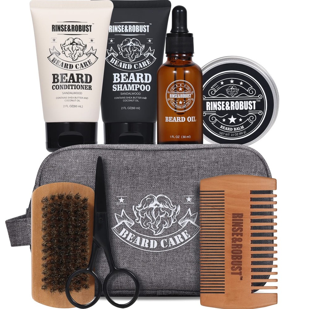 Rinse & Robust Beard Kit Care Grooming for Men Travel 8 Piece Set