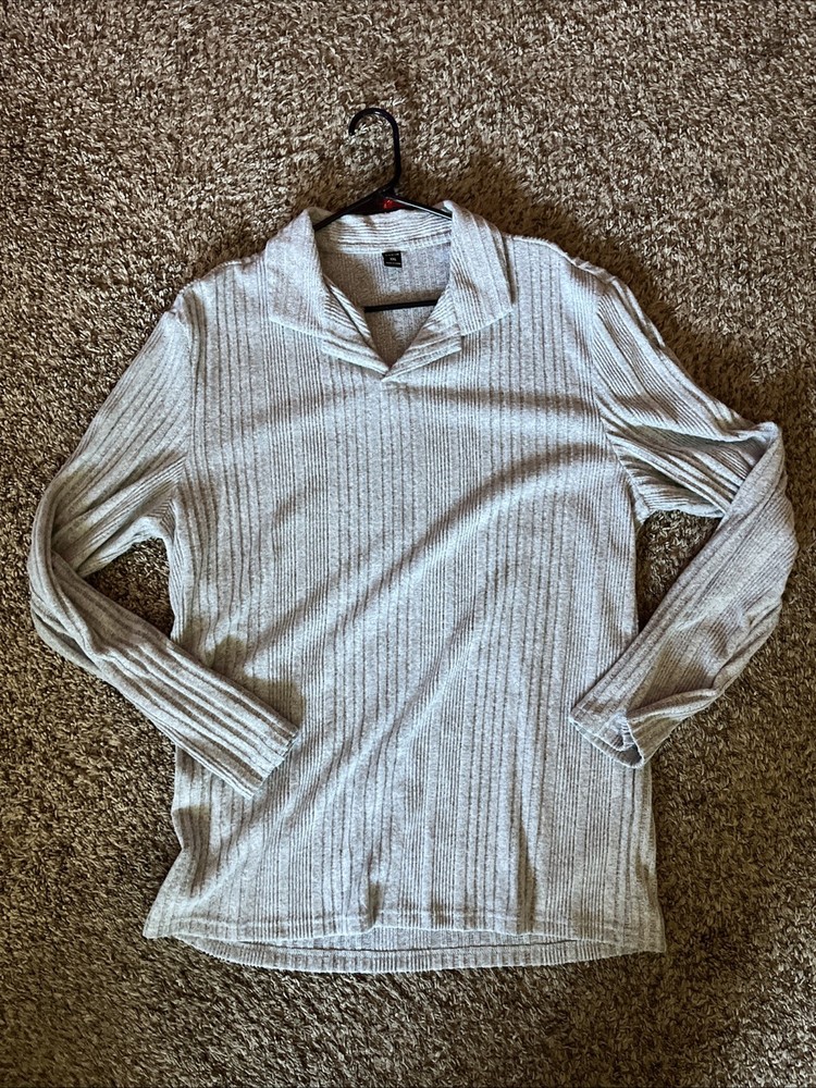 SHEIN Sopranos Style Long Sleeve Polo Shirt Size XXL Light Grey Heather Stretchy