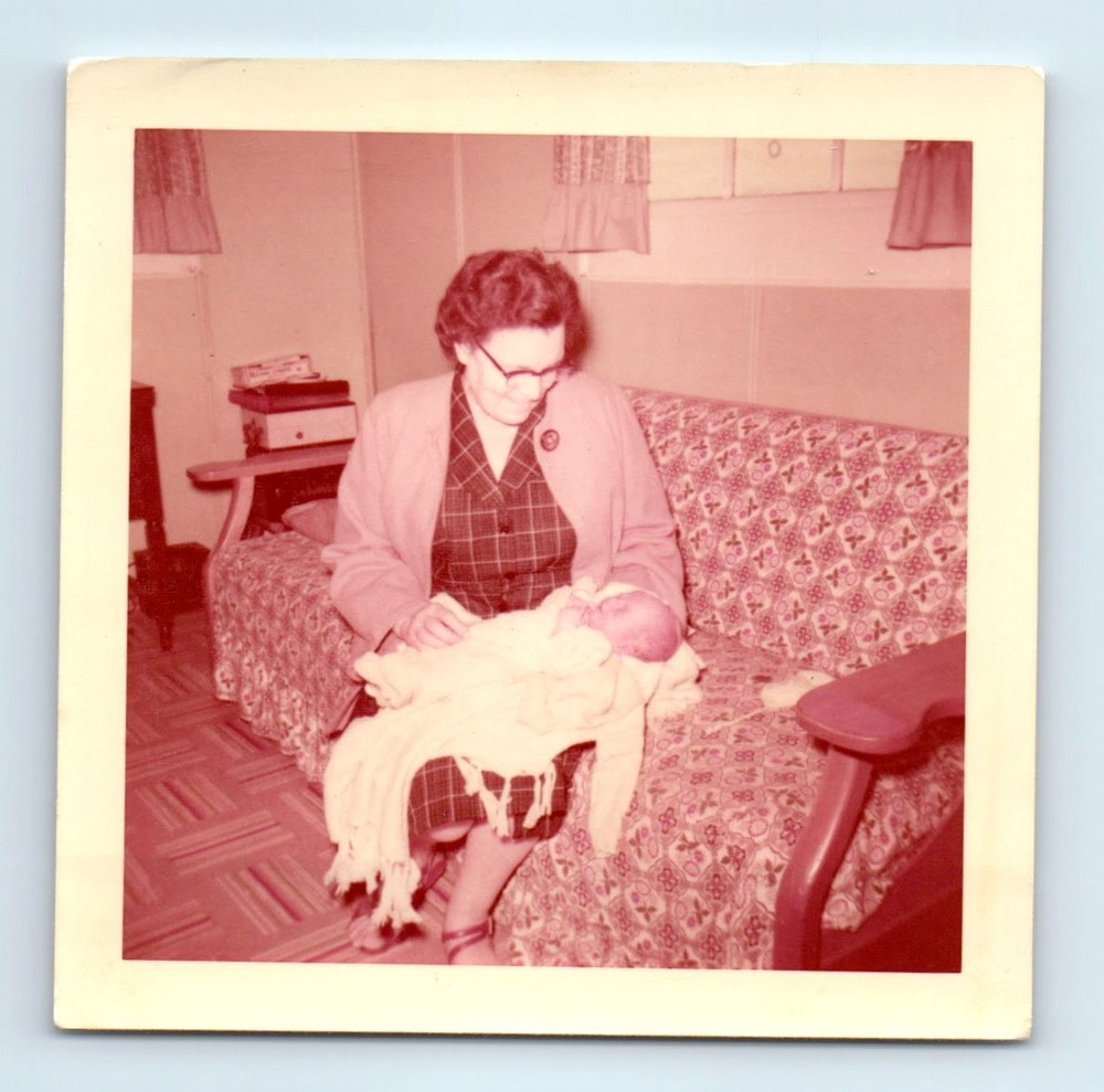 Old Vintage Square Color Photo WOMAN GLASSES BABY ON COUCH SOFA SNAPSHOT