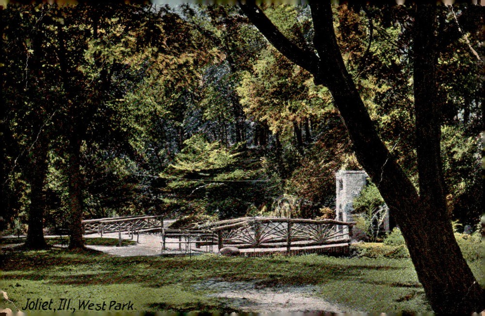 1913 West Park Joliet Illinois IL Rustic Bridge Litho Antique Postcard