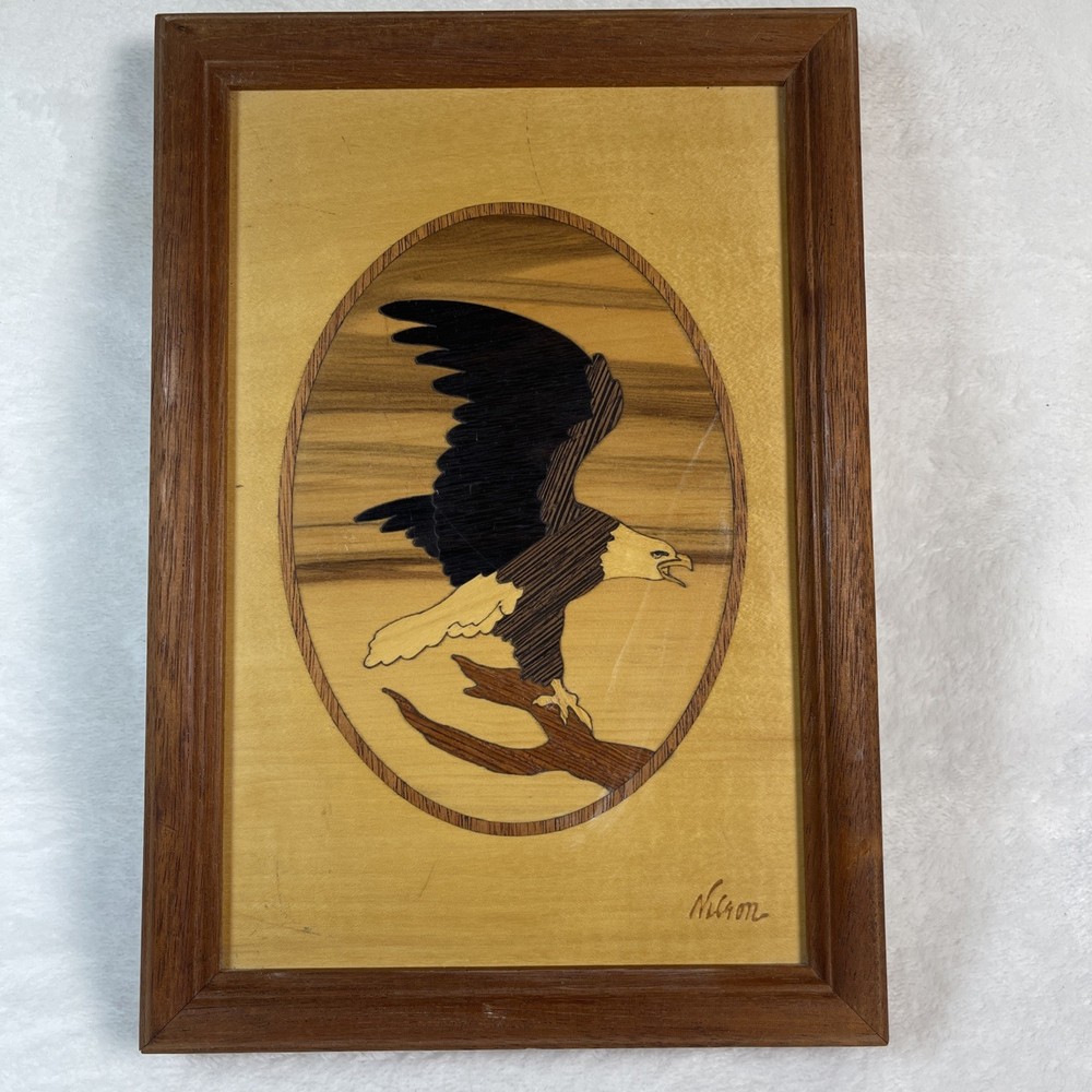 Jeff Nelson Hudson River Inlay Bald Eagle Marquetry Wood Art 9.75