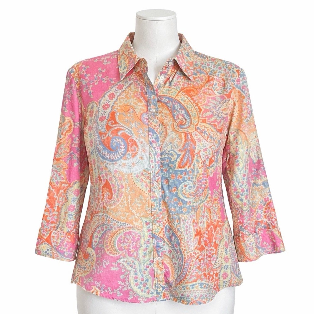 Lauren Ralph Lauren Shirt Womens XL Colorful Paisley Button Up Cotton Art Preppy