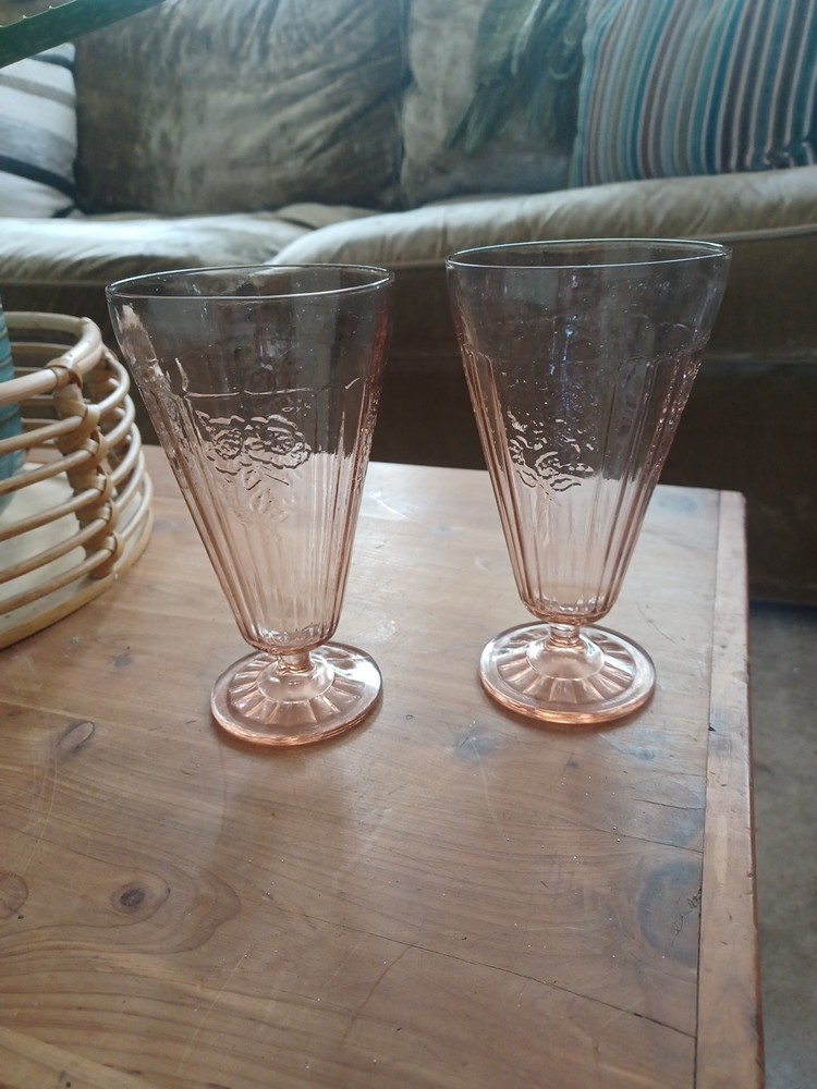 Vintage Set Of 2 Open Mayfair Rose Depression Pink 6 3/4  Ice Tea Footed Tumbler