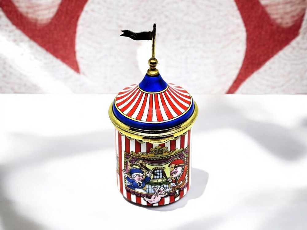 STAFFORDSHIRE ENGLISH ENAMEL BOX - STRIPED CIRCUS TENT -PUNCH & JUDY PUPPET SHOW