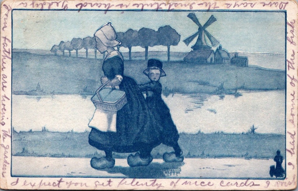 1912 Topeka Kansas Postcard Dutch Windmill Woman Child Clogs Blue Art