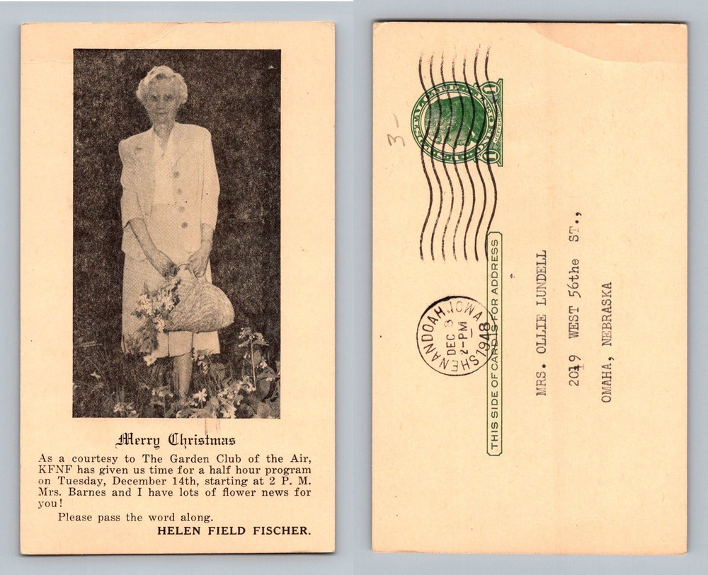 Shenandoah, IA-Iowa, Helen Field Fischer Garden Club Vintage c1948 Postcard