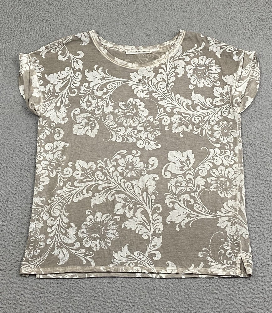 Peruvian Connection Short Sleeve Top T-Shirt Tan 100% Pima Floral Scroll Size S