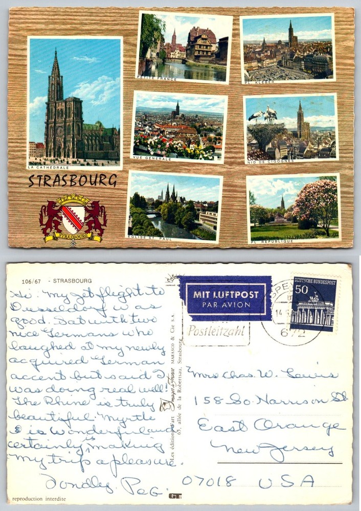 Vintage Strasbourg France Multi-View Postcard 1967 Cathedral Stork Nest Airmail