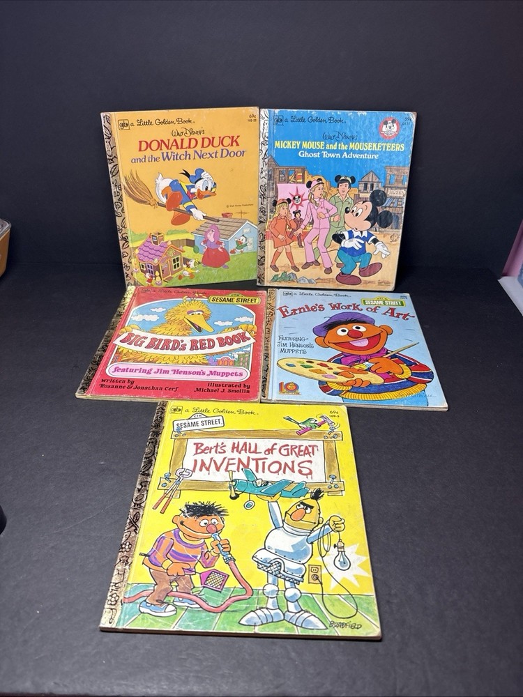 Vintage Little Golden Books Lot Of 5 Sesame Street Mickey Mouse & Donald Duck