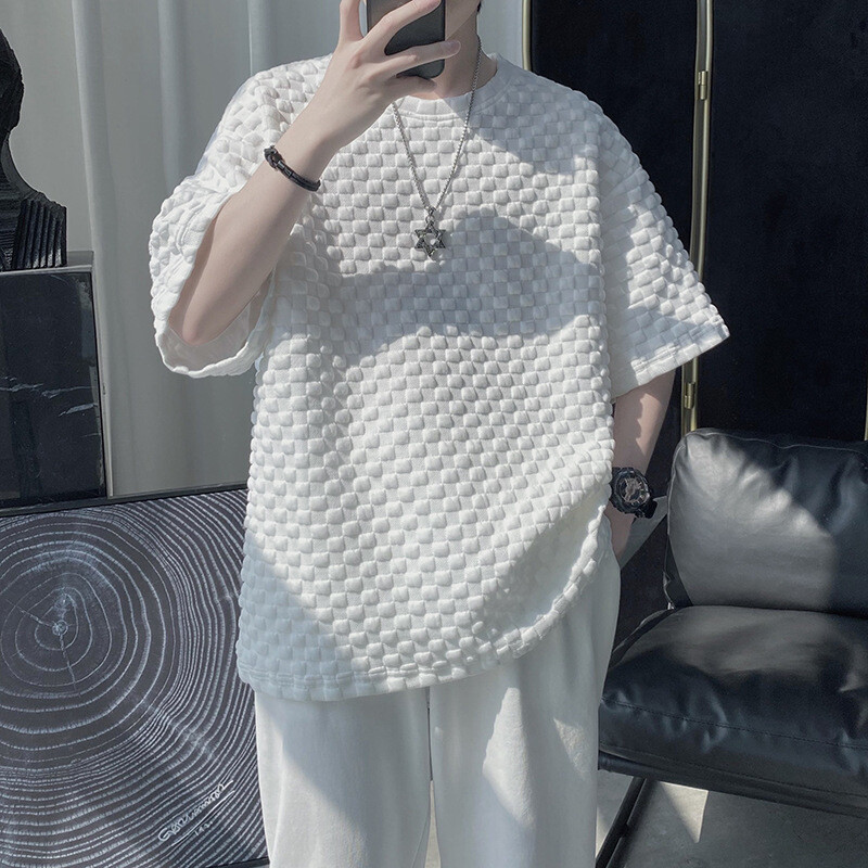 Men's Summer Fashion Chessboard Waffle Loose All-match Short-sleeve T-shirt Top