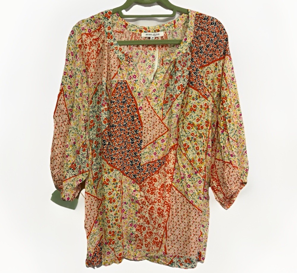 Rose + Olive Women's Blouse Size 3X Patchwork Multicolor Floral V-Neck Boho 70s