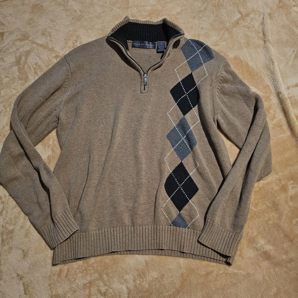Vintage Oscar de La Renta Men's 1/4 Zip Pullover Y2K Argyle Sweater Size Medium