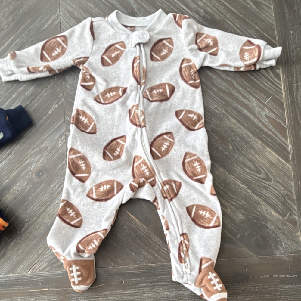 Carter's Gray Brown Football Dinosaur Fleece Footed Coverall One-Piece 3-6M Zip