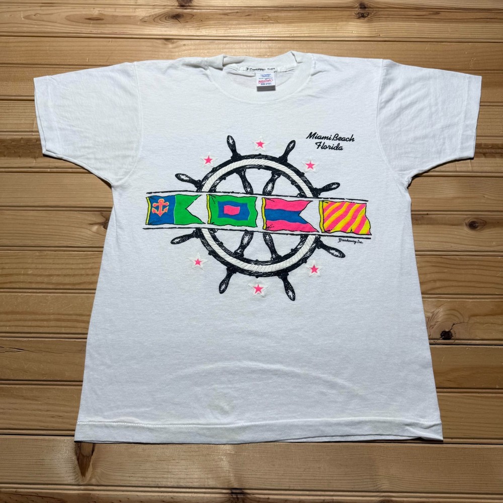 Vintage 80s Miami Beach Florida Nautical Wheel Flags Graphic T-Shirt USA Medium