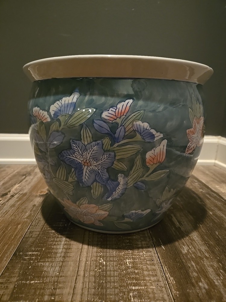 12 Inch vintage chinoiserie porcelain fishbowl planter hand painted Jardinière