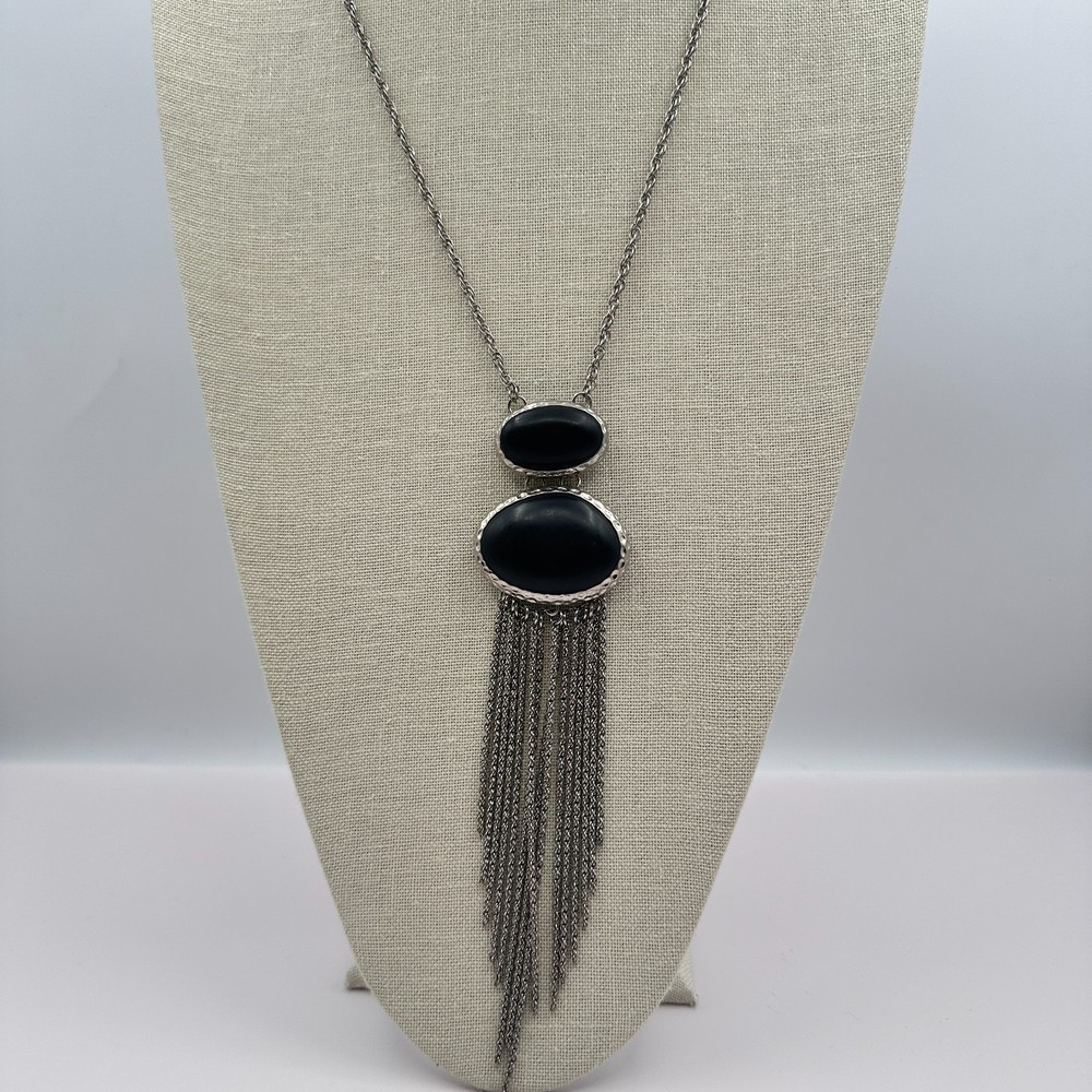 Vintage 90s Silver Tone Black Stone Statement Tassel Fringe Pendant Necklace
