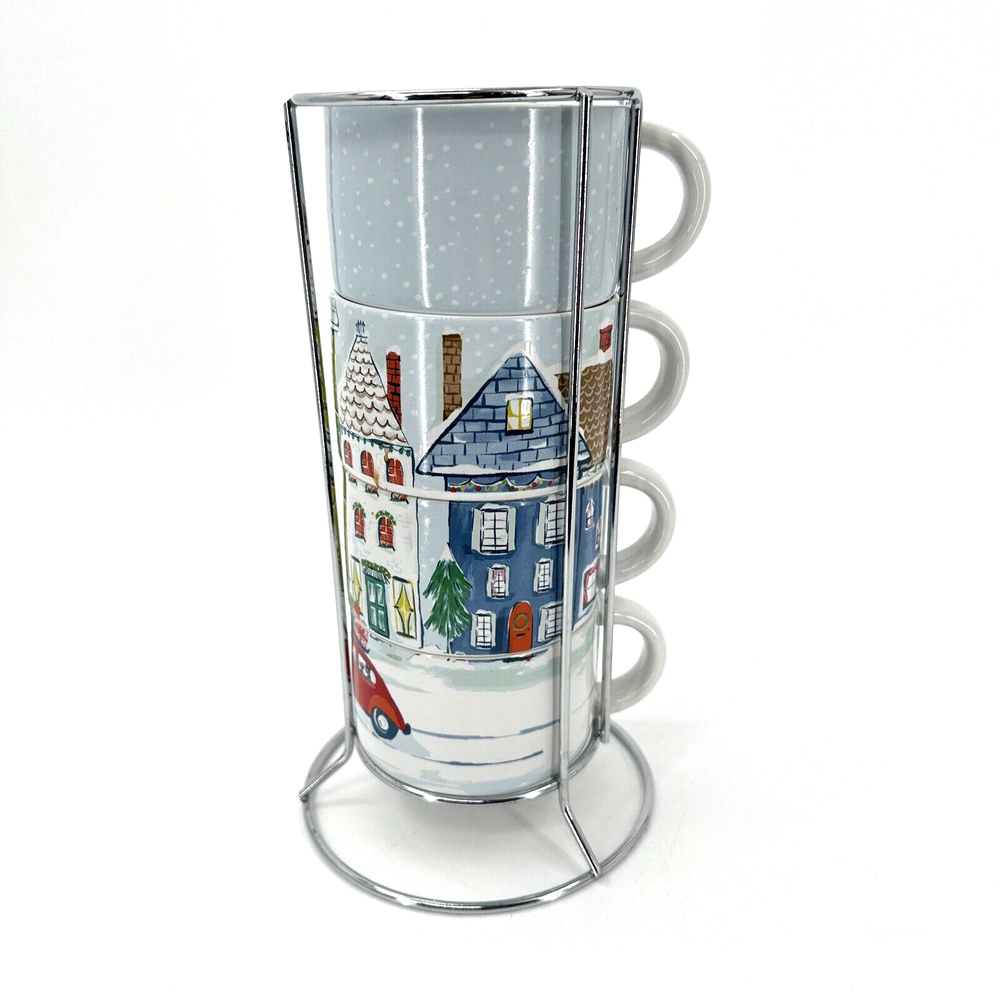 Pier 1 Imports Mug Set + Rack Coffee Cocoa Winter Holiday Christmas Stoneware