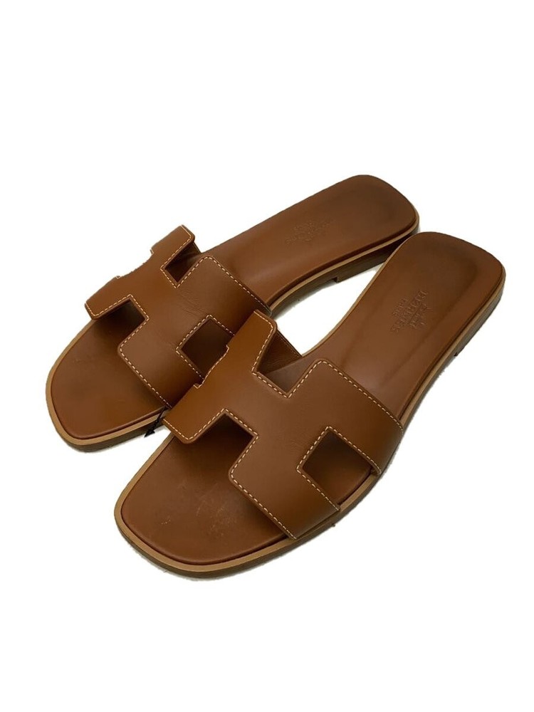 Authentic HERMES Oran Sandals EU 35 Brown Leather H Cut-Out Preowned