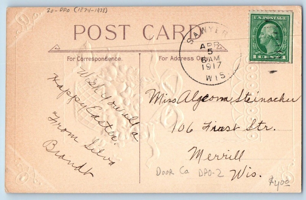 DPO (1874-1938) Sawyer WI Postcard Easter Greeting Flowers Chick On Basket 1917