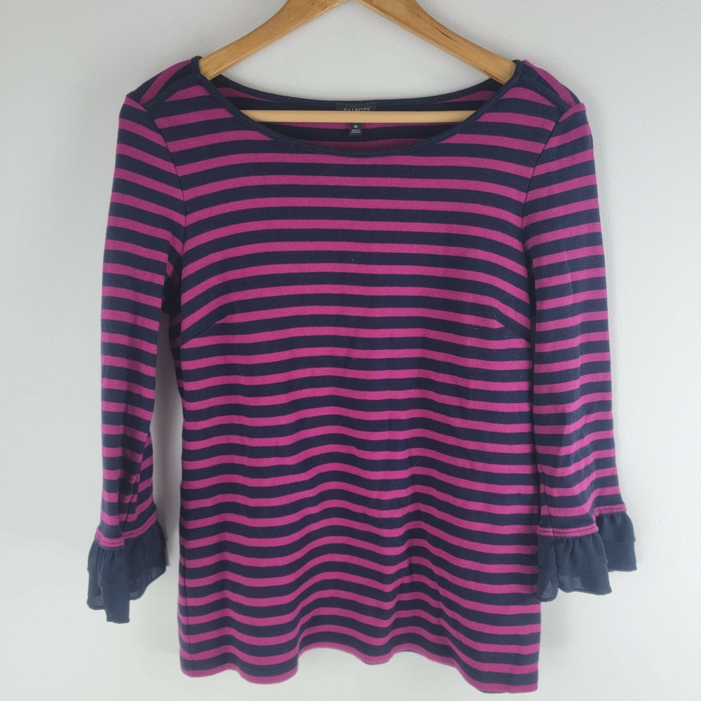 Talbots womens ruffle sleeve blouse top long sleeve pink and black stripe M