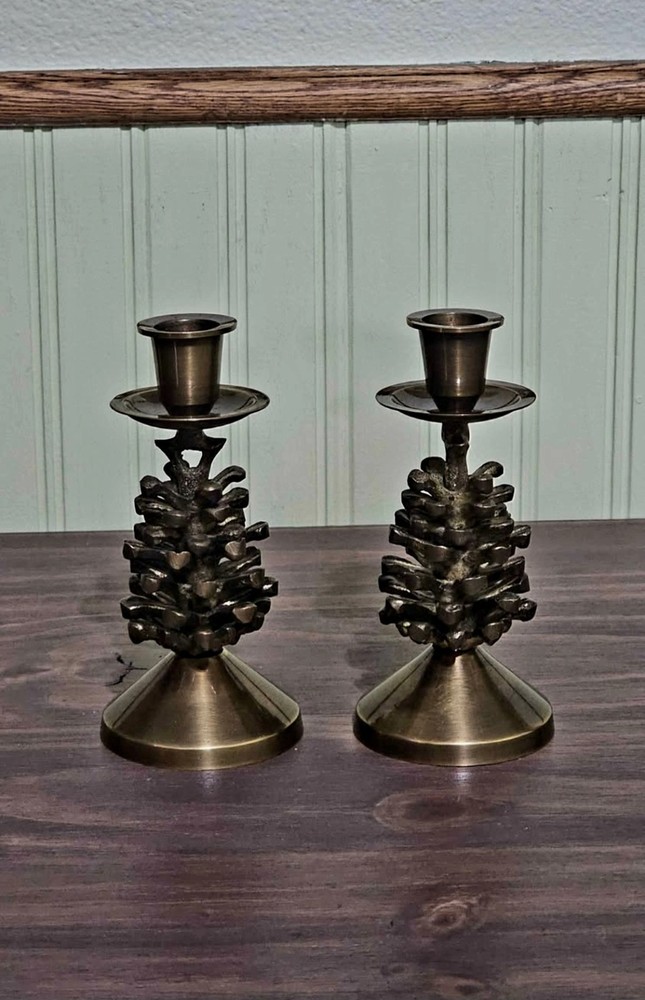 Vintage Pair Of Brass Pinecone Candle Holders
