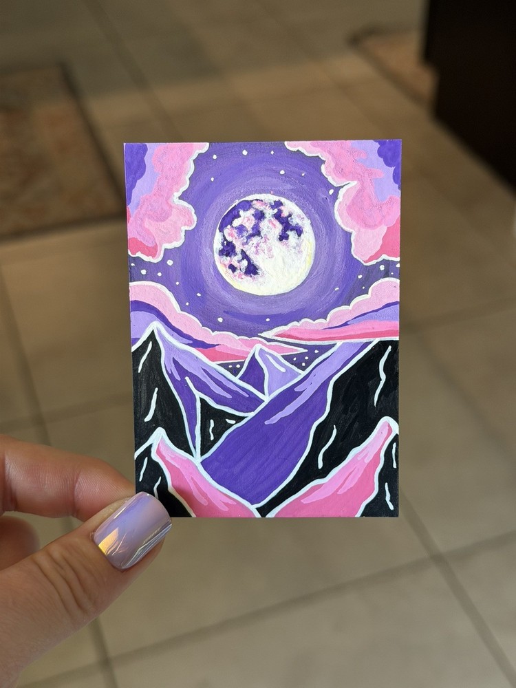 Original ACEO Abstract Twilight Whimsical Sky Moon Mountain Landscape by Sykes