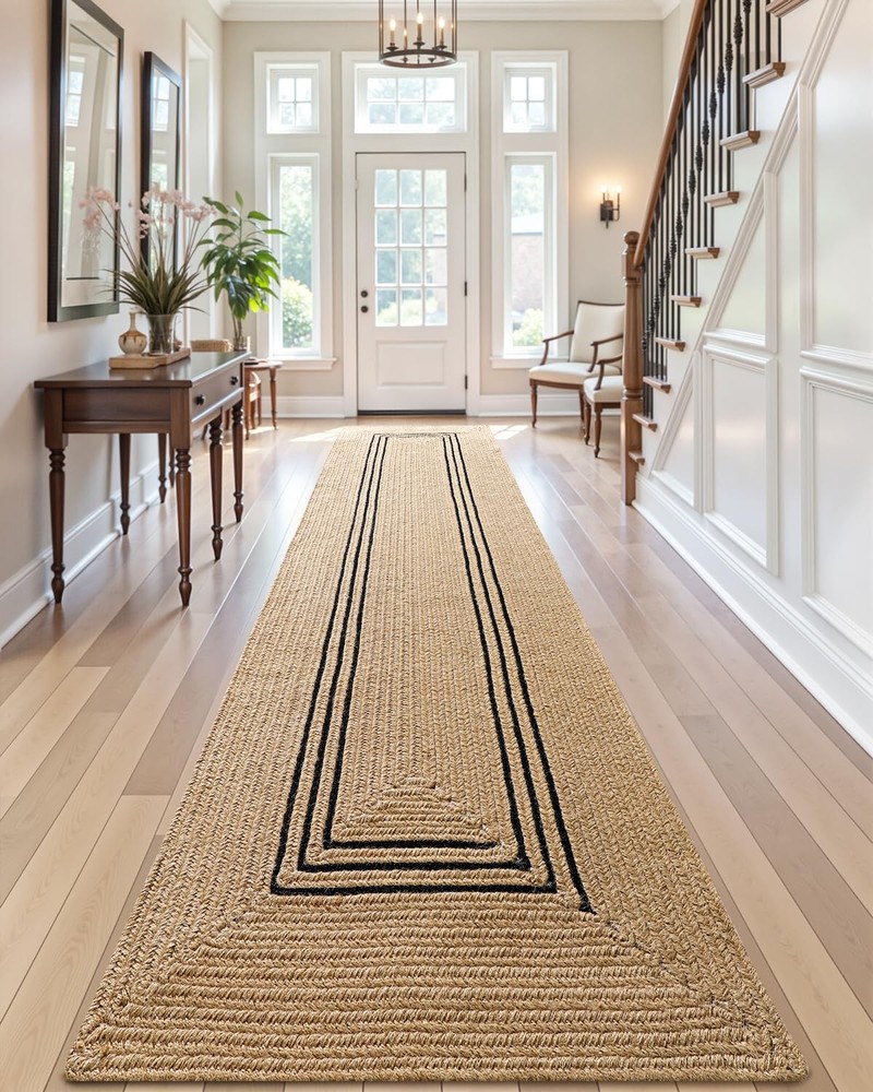 Braided Jute Runner Rug 2x7 Feet with Geometric Black Border 5mm Thick Hallway Rug