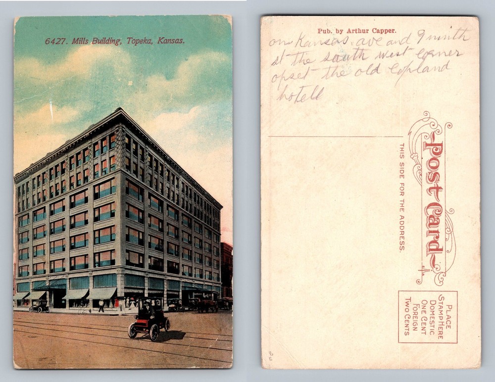 Topeka, KS-Kansas, Mills Building Car Street Scene Old View Vintage Postcard