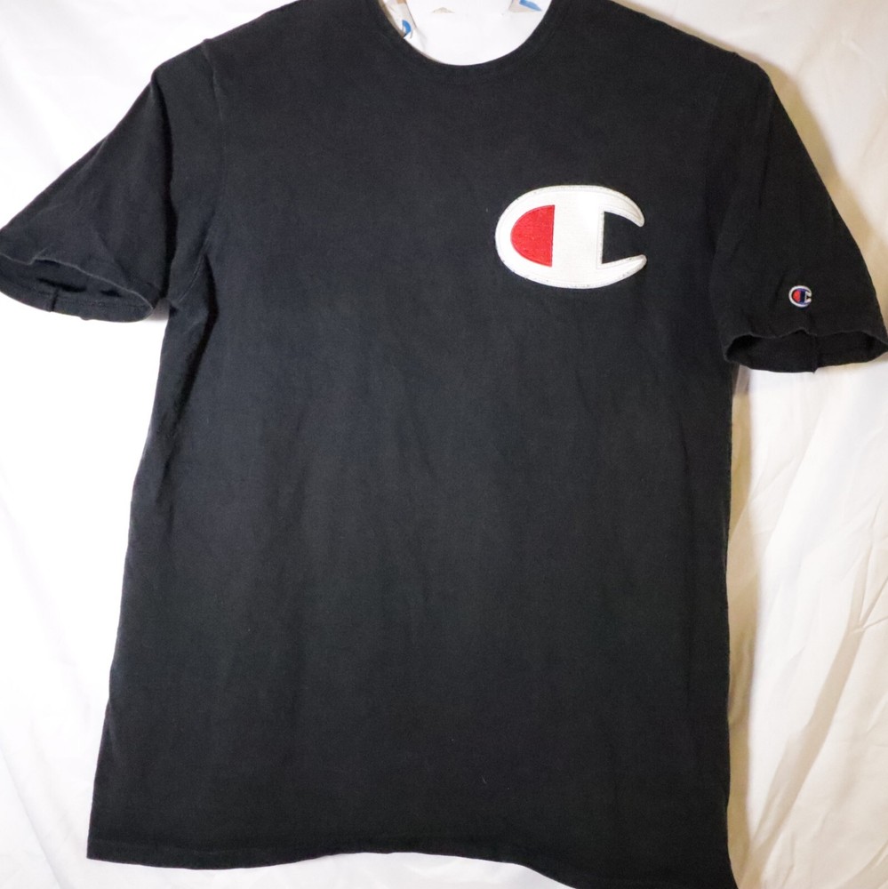 Vtg Champion Shirt Mens Extra Large Black Big C Embroidered Short Sleeve XL