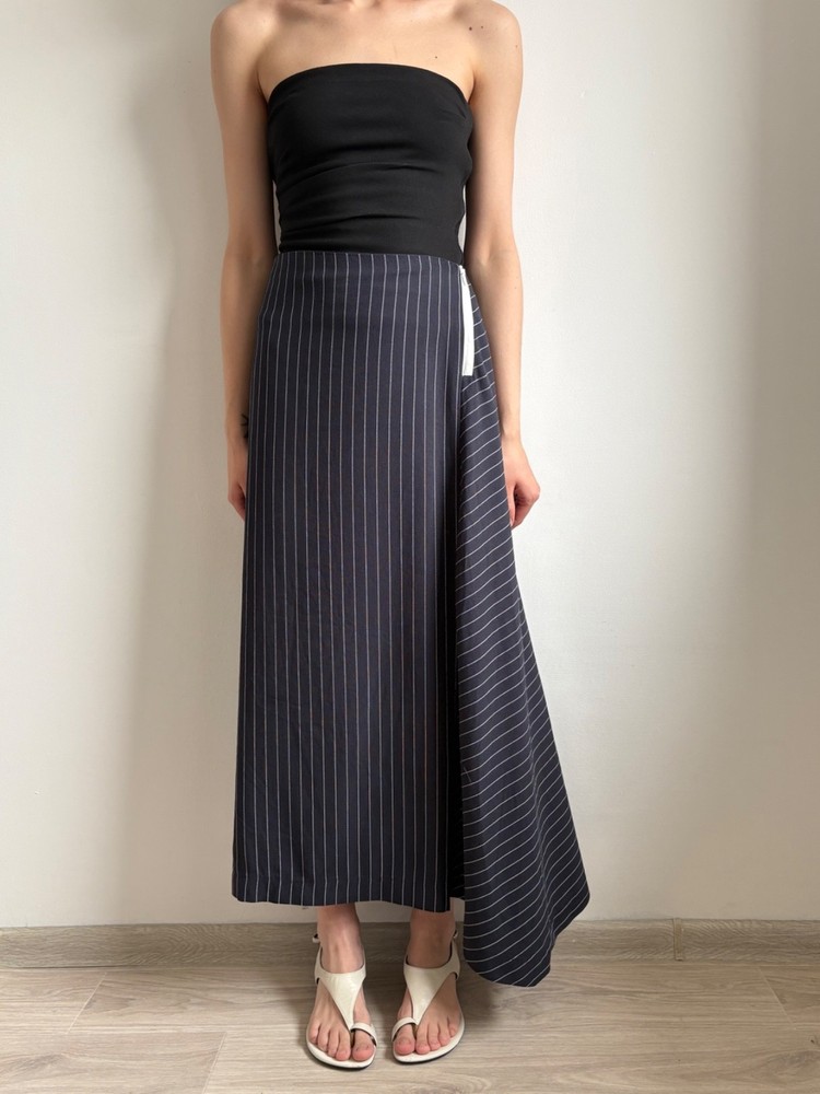 NO US DUTIES Cop Copine Asymmetrical Wrap Midi Skirt Navy Pinstriped Urban Edge