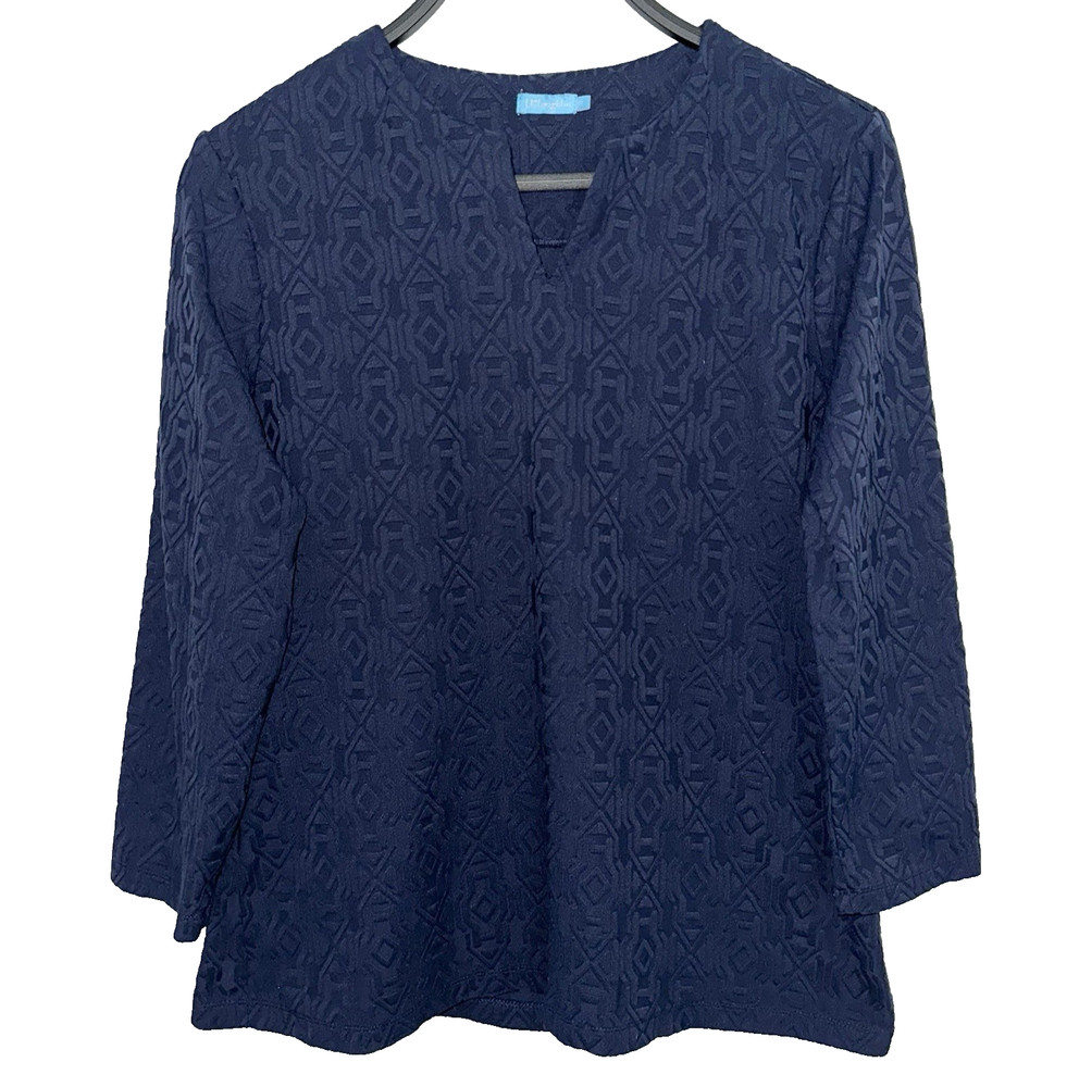 J McLAUGHLIN Size Medium Catalina Cloth Top Textured Geometric Navy Blue Stretch